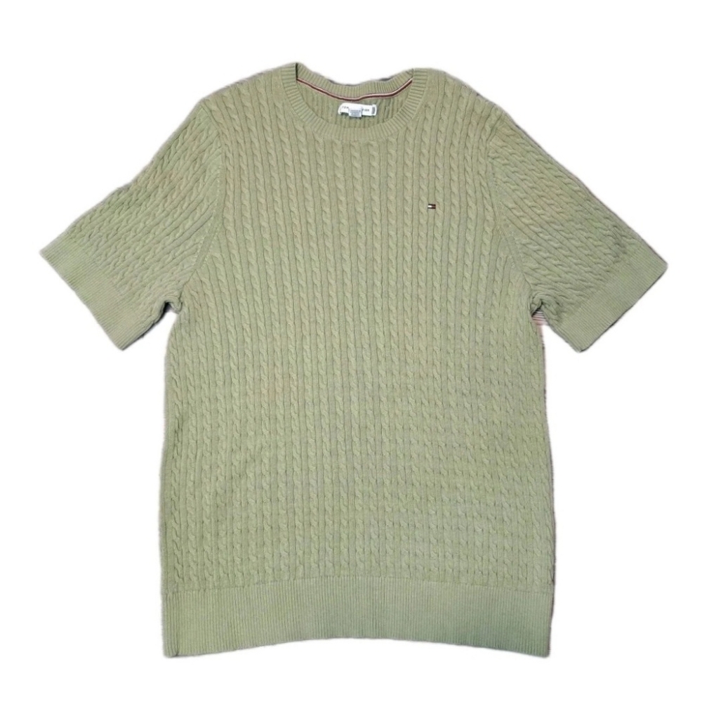 Y2K Tommy Hilfiger Cable Knit Sweater Short Sleeve Olive Green Tweed Women's XL